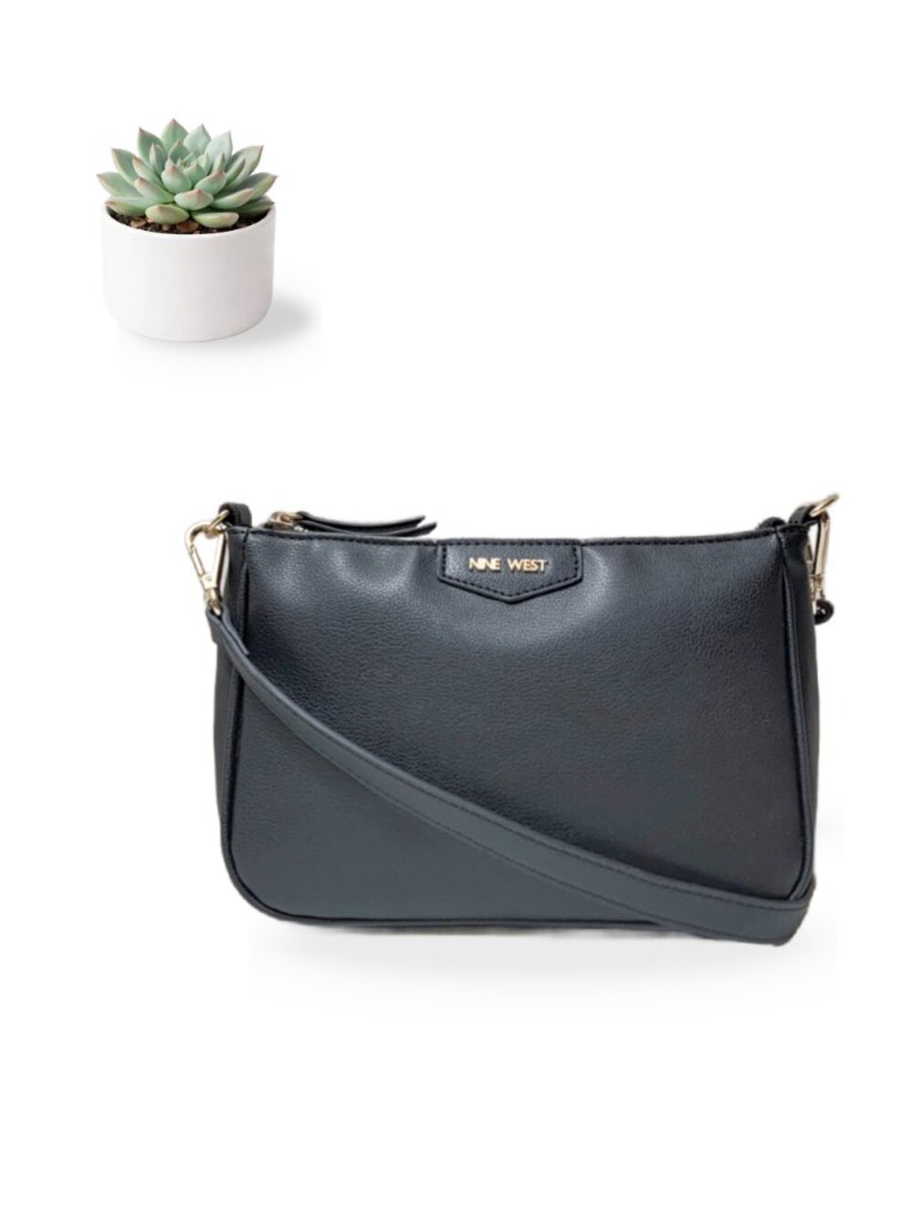 Nine West Black Crossbody Bag Gold Hardware Detachable Strap Shoulder Purse